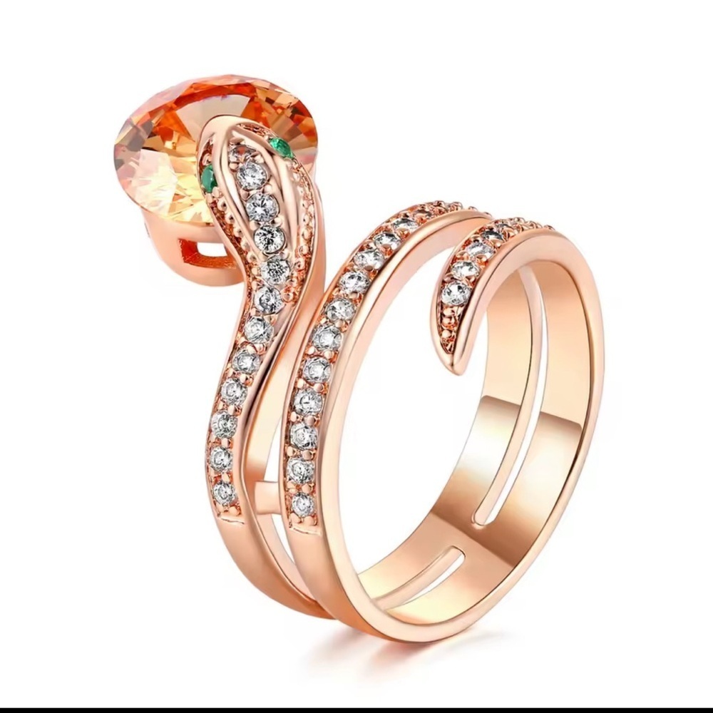 ✨ NEW! Stunning Rose Gold Snake Ring with Amber & Clear CZ - Size 8 ✨